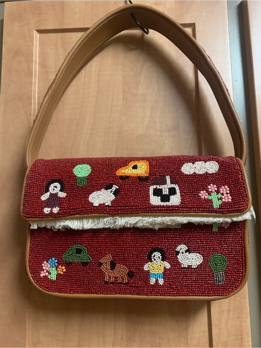 STAUD Tommy Beaded / Embroidered Folk Town Shoulder Bag Red W Tan Trim $325 MSRP - Picture 5 of 17